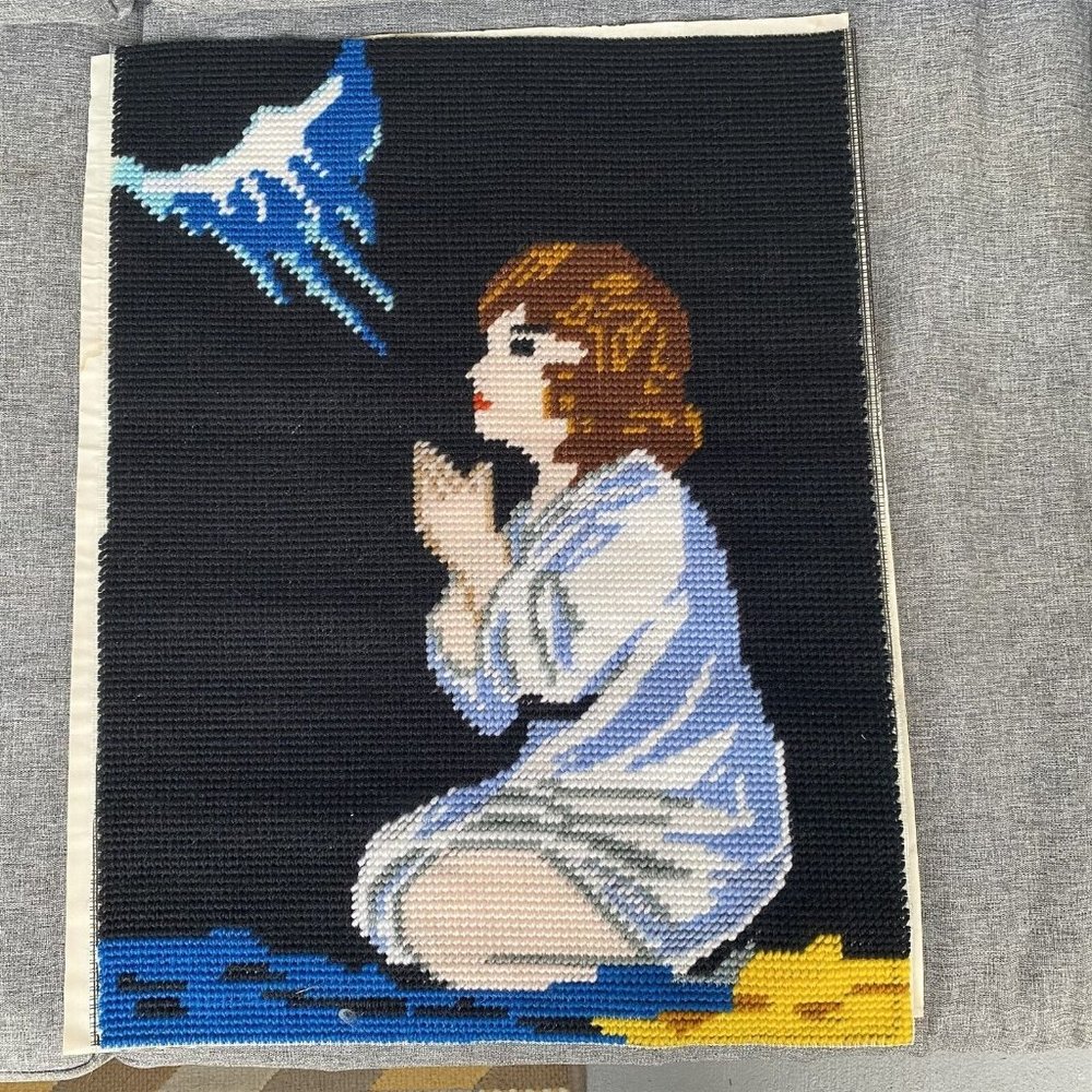 Vintage Infant Samuel in Prayer Needlepoint